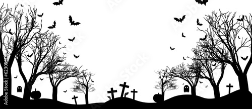 Scary black forest and cemetery with flying bats isolated on white background. Perfect for Halloween Backgrounds. Zombies rising from the dead. Group of flying bats in sky. Vector Illustration.