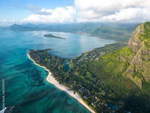 Incredible view of Le Morne mountain in Mauritius. Picture taken from drone