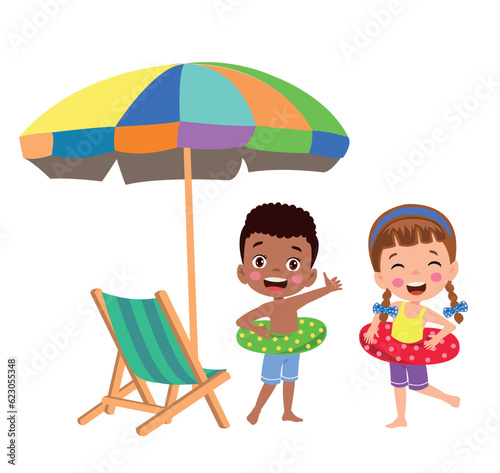 Kids at the beach with an umbrella and a foldable bed