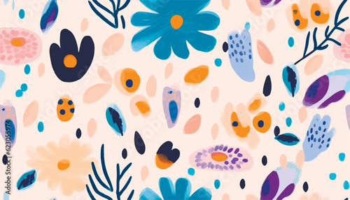Hand drawn bright naive abstract floral print. Cute collage pattern. Fashionable template for design
