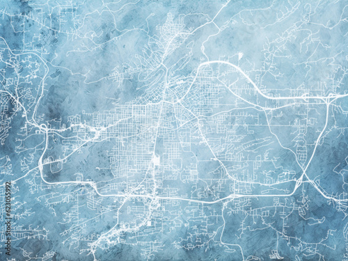 Illustration of a map of the city of  Hot Springs Arkansas in the United States of America with white roads on a icy blue frozen background.