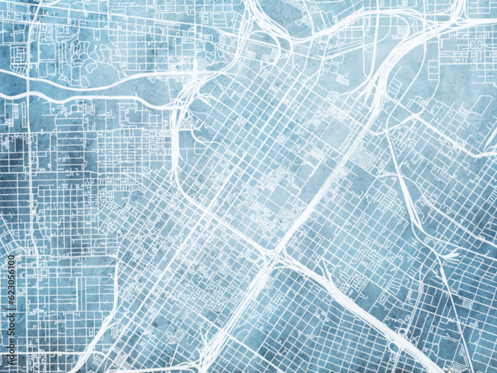 Illustration of a map of the city of  Houston Center Texas in the United States of America with white roads on a icy blue frozen background.