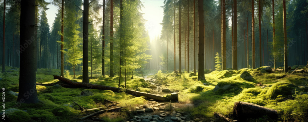 Natural Forest of Trees in green nature, copy space for text, wide banner