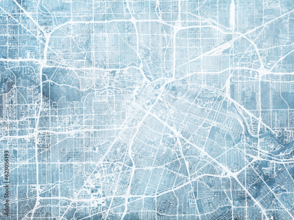 Illustration of a map of the city of  Houston Texas in the United States of America with white roads on a icy blue frozen background.