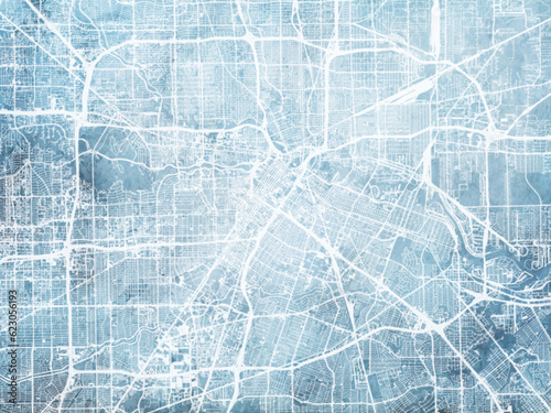 Illustration of a map of the city of  Houston Texas in the United States of America with white roads on a icy blue frozen background.