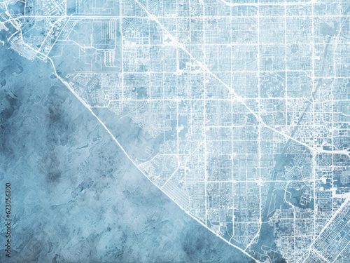 Illustration of a map of the city of  Huntington Beach California in the United States of America with white roads on a icy blue frozen background. photo