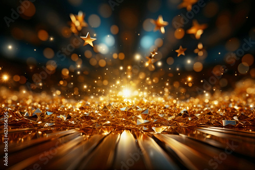 Gold glitter on a black background, golden star, holiday background. Generative AI