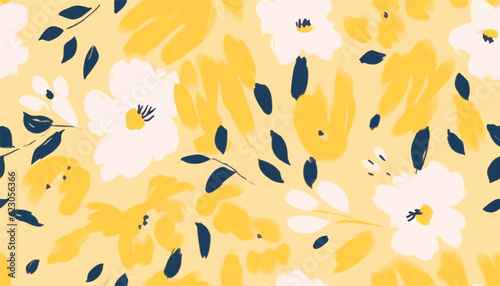 Hand drawn bright yellow simple abstract floral print. Minimalist trendy pattern. Fashionable template for design
