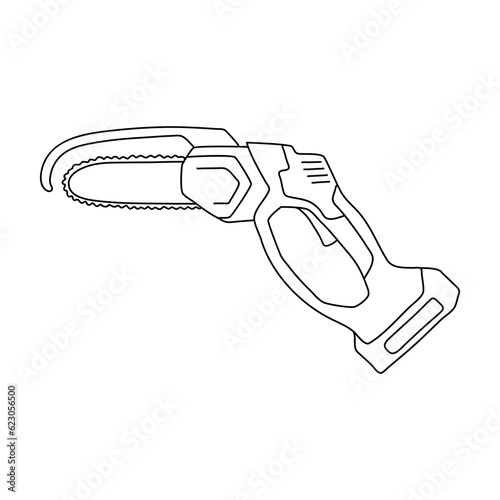 Purning Saw in hand drawn doodle style isolated on white background.Vector outline stock illustration. Sign tool gardening element. Tree pruning Coloring book