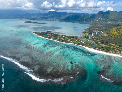 Incredible view of the famous underwater waterfall and Le Morne mountain in Mauritius. Picture taken from drone