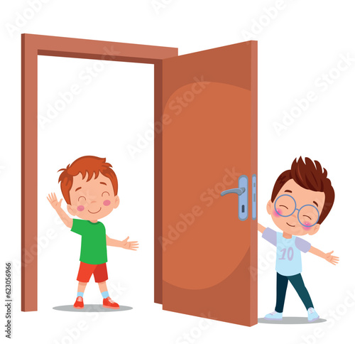 little kid standing and holding door knob