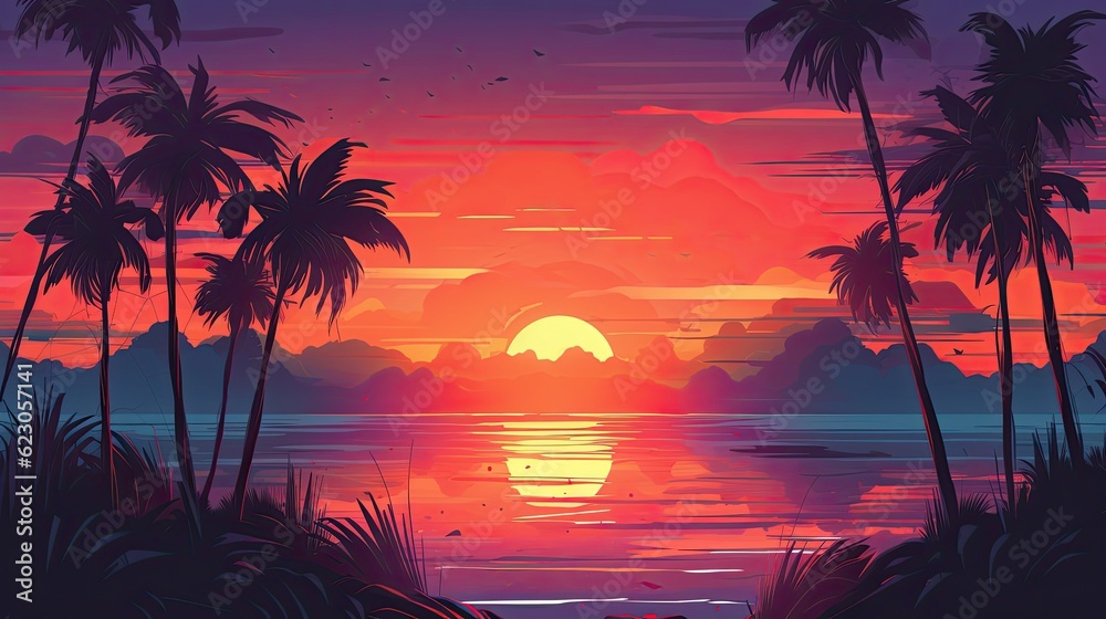 Beautiful sunset llustration with warm colors, mountains, lake and palms