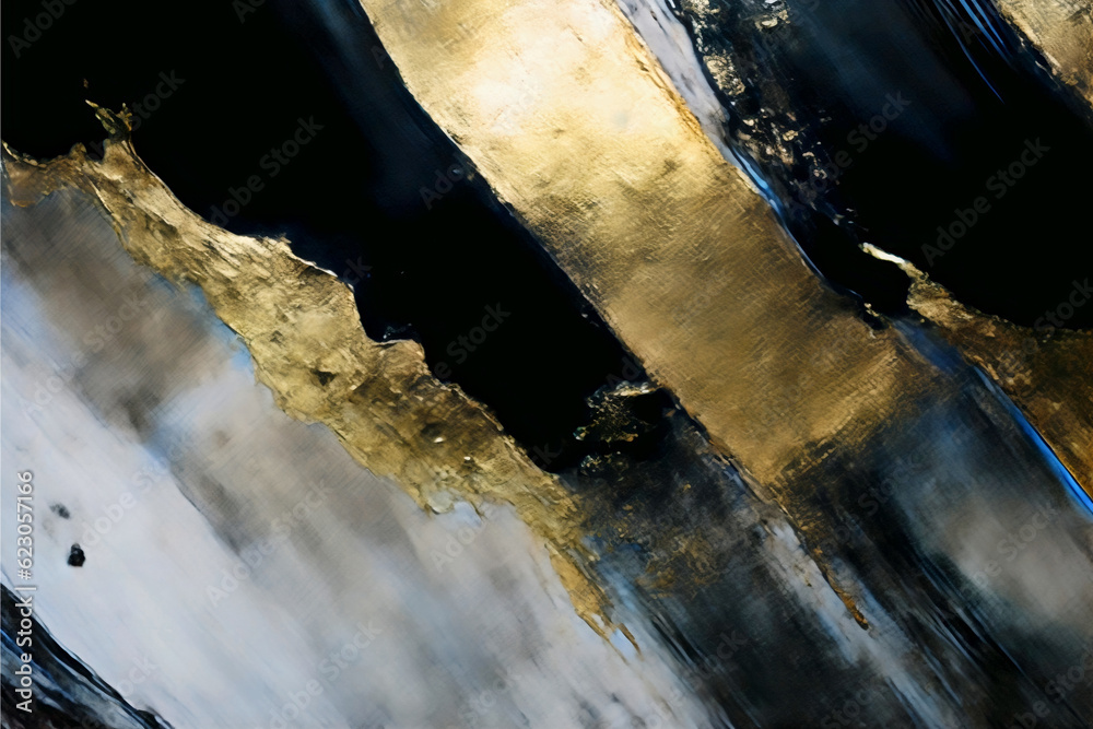Impressive depiction of mixed liquid and gold glitter paints. Close-up painting, abstract colorful painting background. Generative AI