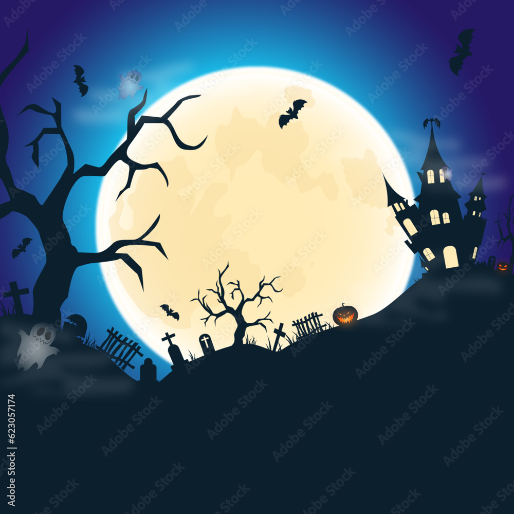 Halloween blue Spooky Nighttime Scene Horizontal with black bat, pumpkins, moon, witch castle, evil tree, graves, ghosts. Happy halloween banner,  party invitation background 