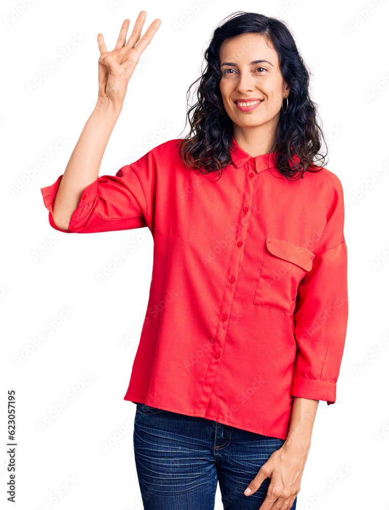 Young beautiful hispanic woman wearing casual clothes showing and pointing up with fingers number four while smiling confident and happy. Young beautiful hispanic woman wearing casual clothes showing and pointing up with fingers number four while smiling confident and happy.