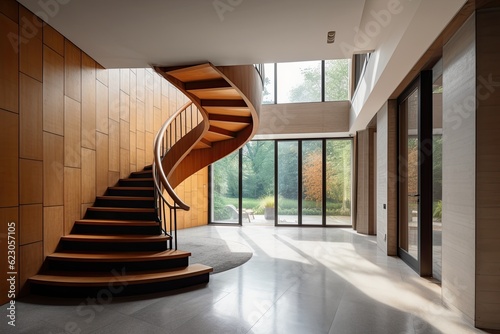 wooden spiral staircase in a large room 3D render photo