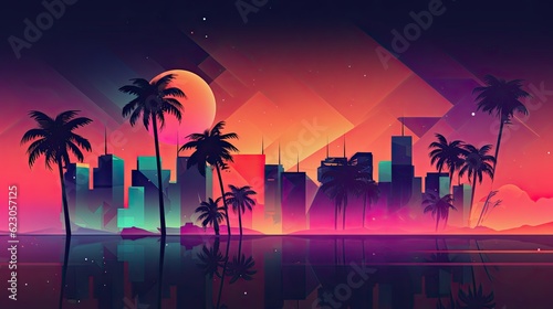 Miami city colorful illustration at sunset with buildings, palms and water