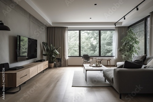 Minimalist style interior design of modern living room with coach, carpet and tv © javier