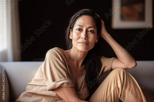 Woman relaxing on a couch looking at the camera.