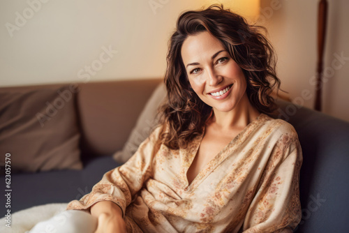 Smiling 40 year old woman relaxing on a couch.