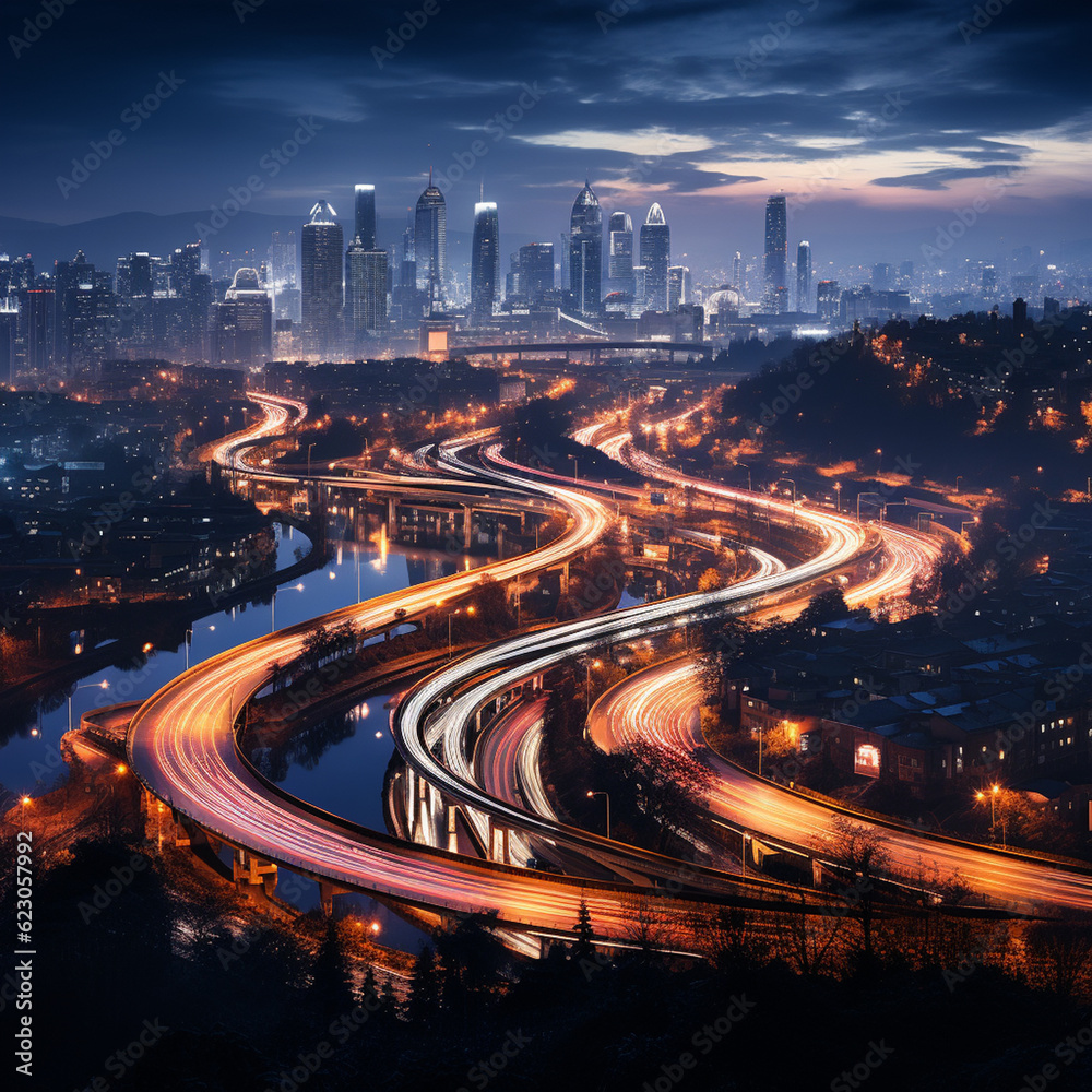 wonderful view of the city and of cars that leave the trail of light, long photographic exposure Generative AI