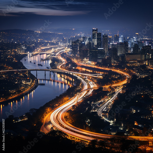 wonderful view of the city and of cars that leave the trail of light, long photographic exposure Generative AI