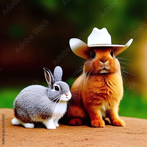 A rabbit in a hat and a small rabbit sits next thoughtfully, creating a charming picture. Create using generative AI technology. (ID: 623058125)