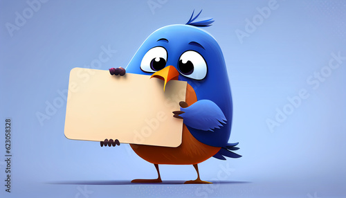 Cute Cartoon Bird Holding a Sign for a message or logo mockup, 
Created using generative AI tools