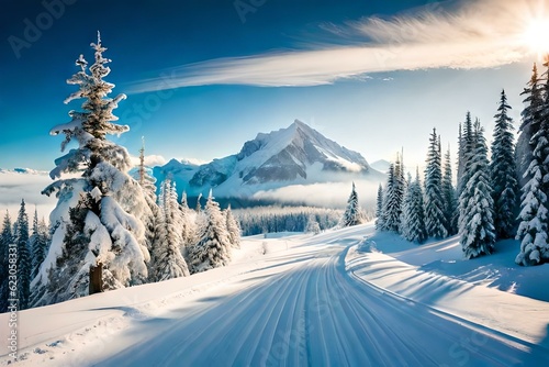 winter landscape with snow covered mountains generated Ai. © Abdul