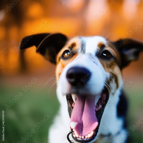 The joyful look and glee of a dog with an outstretched tongue and greedily looking at its owner, radiating an infectious feeling of happiness and excitement. Create using generative AI technology. (ID: 623058345)