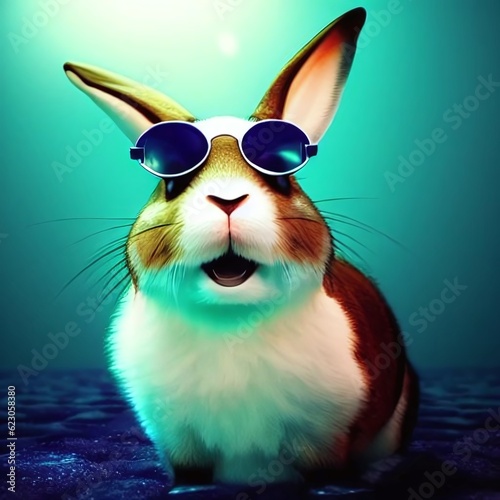 A bunny sporting glamorous glasses brings an unusual, intellectual flair to the animal kingdom. Create with Generative AI technology. (ID: 623058380)