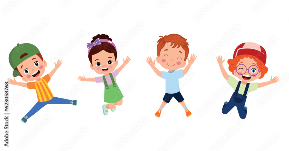 Jumping kids. Happy funny children playing and jumping in different action poses education little team vector characters. Illustration of kids and children fun and smile Jumping kids. Happy funny children playing and jumping in different action poses education little team vector characters. Illustration of kids and children fun and smile