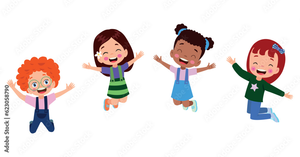 Jumping kids. Happy funny children playing and jumping in different action poses education little team vector characters. Illustration of kids and children fun and smile Jumping kids. Happy funny children playing and jumping in different action poses education little team vector characters. Illustration of kids and children fun and smile