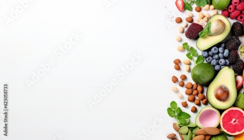 Healthy food clean eating selection: fruits, vegetables, nuts and seeds on white wooden background. Top view with copy space