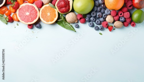 Healthy food background with fresh fruits and berries on blue background. Top view with copy space