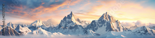 Majestic mountain range covered in snow banner. © Asmodar