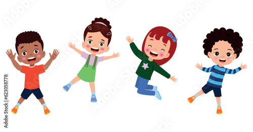 Jumping kids. Happy funny children playing and jumping in different action poses education little team vector characters. Illustration of kids and children fun and smile