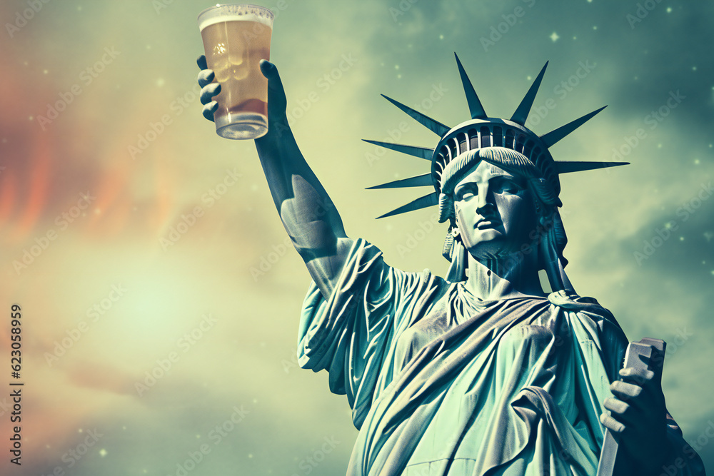 statue of liberty hold beer. Liberty's Lager: Statue of Liberty's Playful Beer Adventure.  Humorous concept - obrazy, fototapety, plakaty 