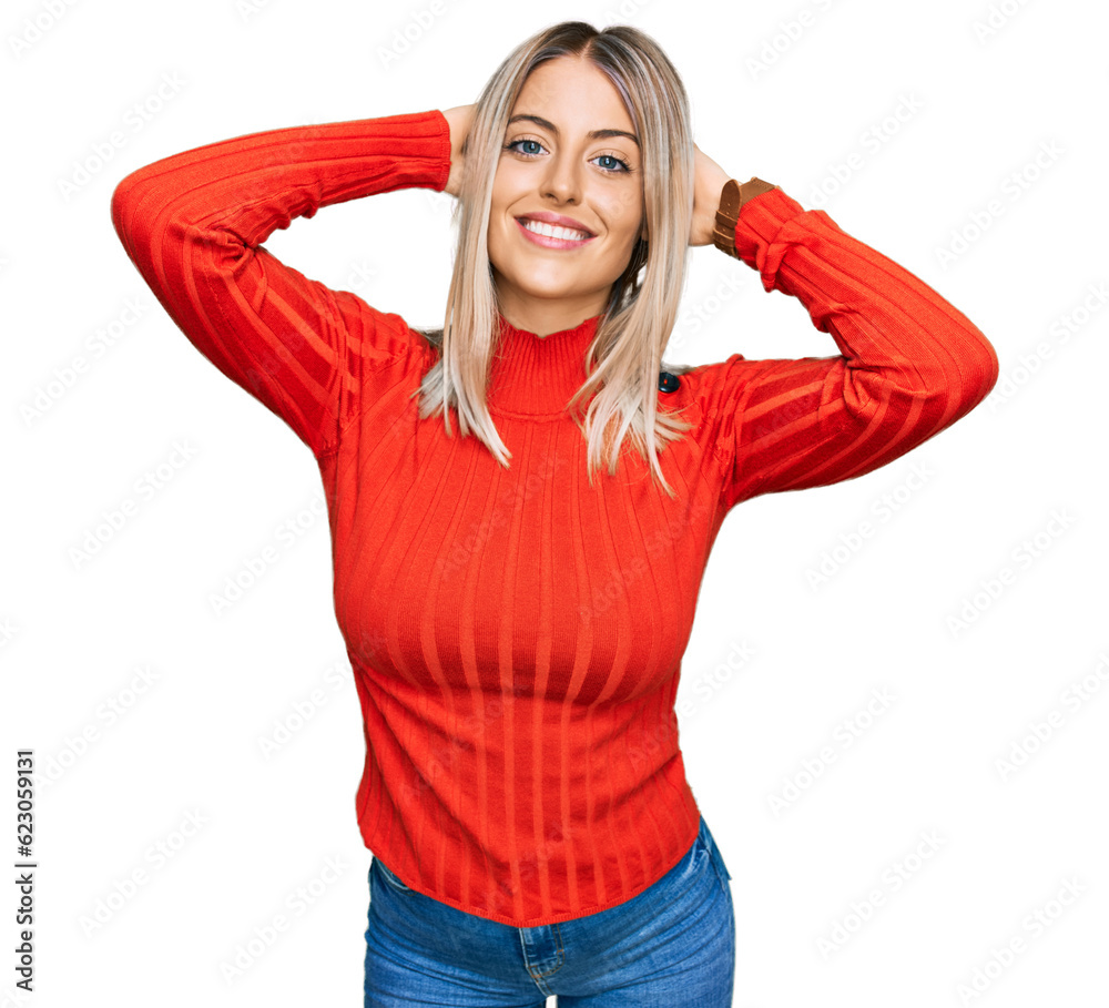 Beautiful blonde woman wearing casual clothes relaxing and stretching, arms and hands behind head and neck smiling happy Beautiful blonde woman wearing casual clothes relaxing and stretching, arms and hands behind head and neck smiling happy