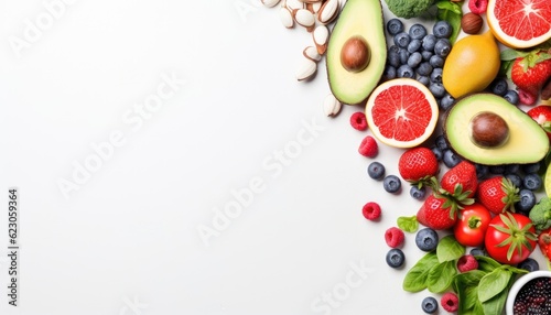 Fresh fruits and vegetables on white background  top view. Superfood concept