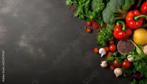 Fresh vegetables on black background. Top view with copy space. Healthy food concept