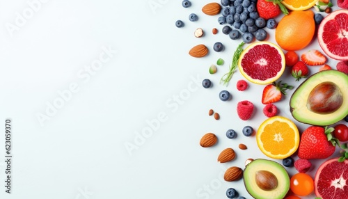 Fresh fruits and berries on light background, top view. Space for text