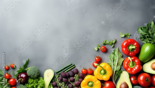 Fresh vegetables and fruits on gray background. Top view with copy space