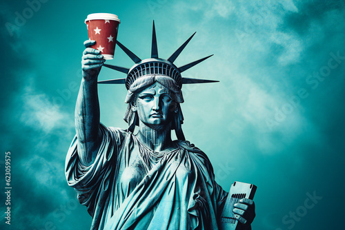 statue of liberty, From Coffee to Cheers: Statue of Liberty's Quirky Beverage Saga.  Humorous concept