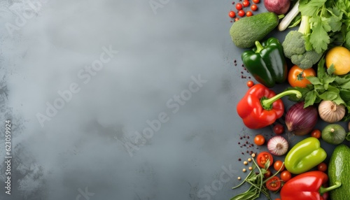 Fresh vegetables on grey background, top view. Banner with copy space