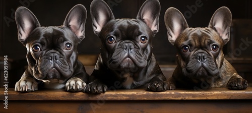 Three puppies black and brown french bulldogs looking up at the camera © DavDissenys