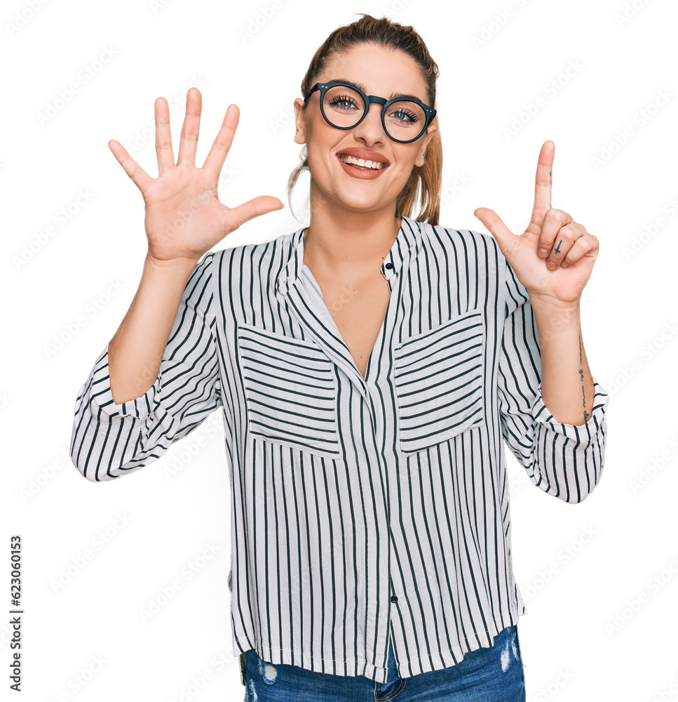 Young caucasian woman wearing business shirt and glasses showing and pointing up with fingers number seven while smiling confident and happy. Young caucasian woman wearing business shirt and glasses showing and pointing up with fingers number seven while smiling confident and happy.