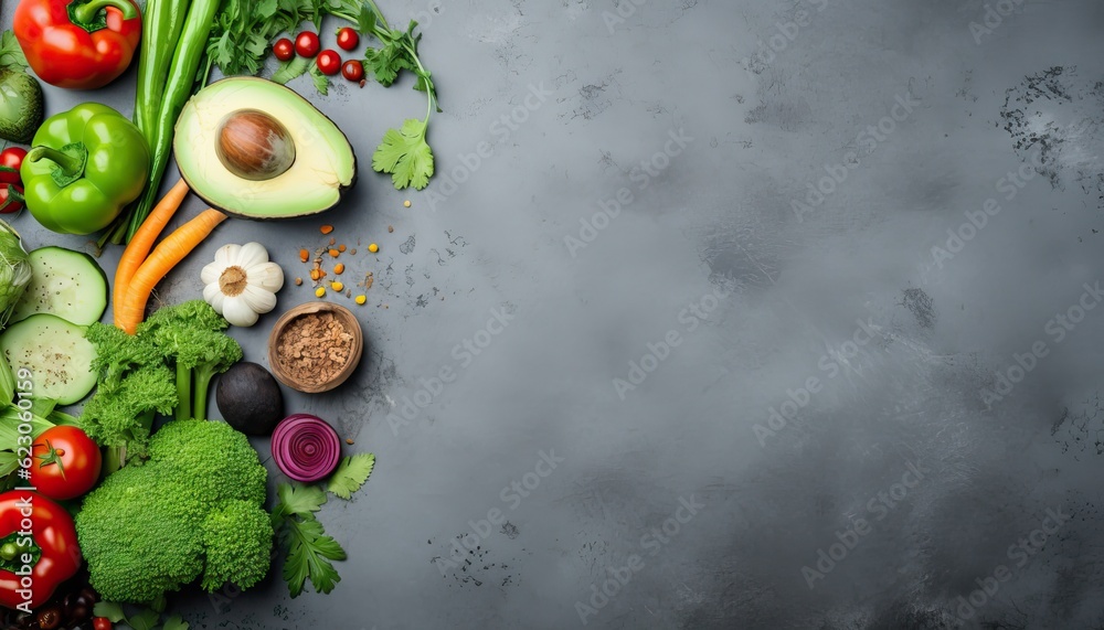 Healthy food background. Vegetables, herbs and spices on grey background. Top view with copy space Healthy food background. Vegetables, herbs and spices on grey background. Top view with copy space