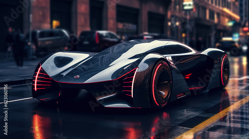 black cyberpunk futuristic sports car in the street