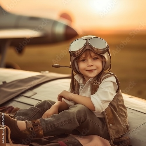 Portrait of a little boy in the pilot's helmet and glasses sitting on grass at sunset. Little child pilot sitting on a land in front of airplane at sunset. Little boy dreaming about becoming a pilot